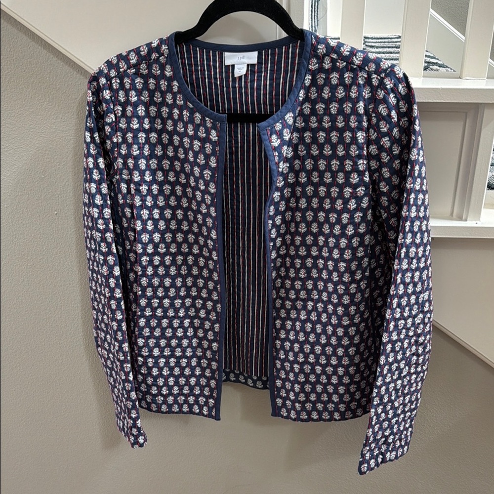 J. Jill Navy Patterned Open-Front Jacket with Red Accents